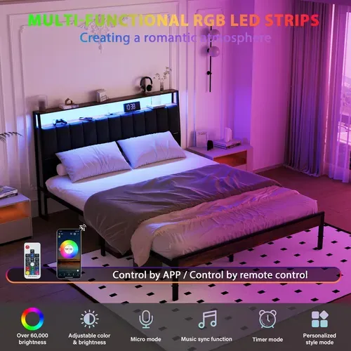 Cadre De Lit 140 X 190 Avec Base En Métal, Lit 2 Personnes, Avec Lumières LED Et Prises Multiples