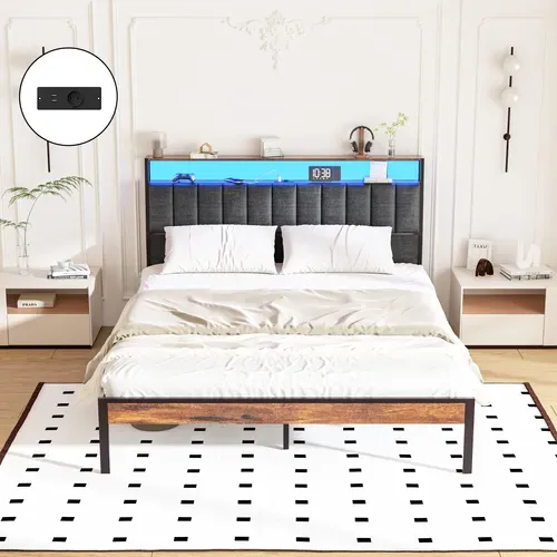Cadre De Lit 140 X 190 Avec Base En Métal, Lit 2 Personnes, Avec Lumières LED Et Prises Multiples