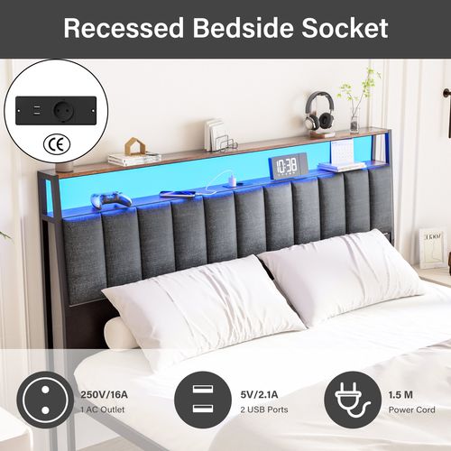 Cadre De Lit 140 X 190 Avec Base En Métal, Lit 2 Personnes, Avec Lumières LED Et Prises Multiples