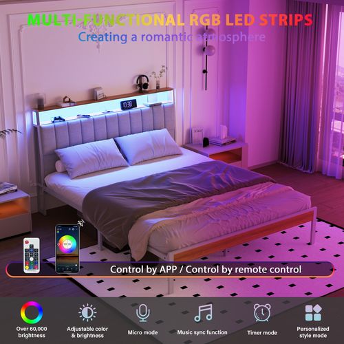 Cadre De Lit, 140 X 190 Avec Base En Métal, Lit 2 Personnes, Avec Lumières LED Et Prises Multiples