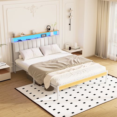 Cadre De Lit, 140 X 190 Avec Base En Métal, Lit 2 Personnes, Avec Lumières LED Et Prises Multiples