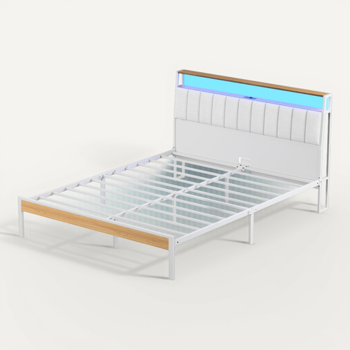 Cadre De Lit, 140 X 190 Avec Base En Métal, Lit 2 Personnes, Avec Lumières LED Et Prises Multiples