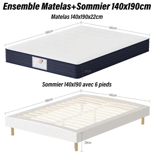 Ensemble Matelas à Ressorts 140x190 cm Epaisseur 22 cm + Sommier Tapissier Déco