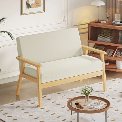 Canapé 2 Places Scandinave En Tissu Lin Beige,structure En Bois,107x60x76 Cm