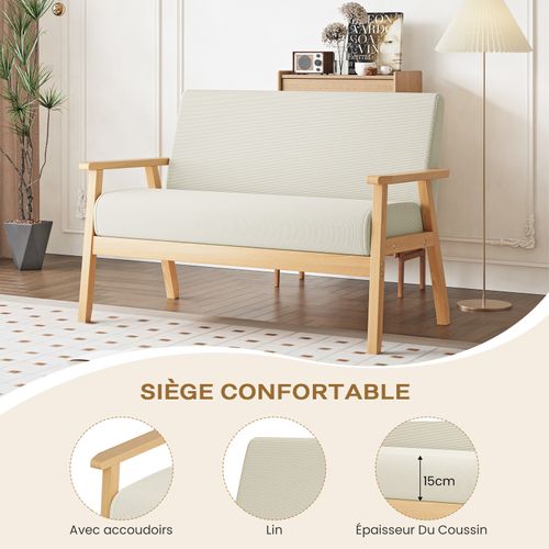 Canapé 2 Places Scandinave En Tissu Lin Beige,structure En Bois,107x60x76 Cm