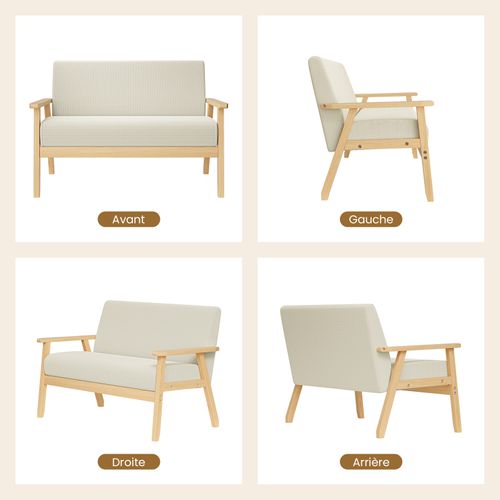 Canapé 2 Places Scandinave En Tissu Lin Beige,structure En Bois,107x60x76 Cm