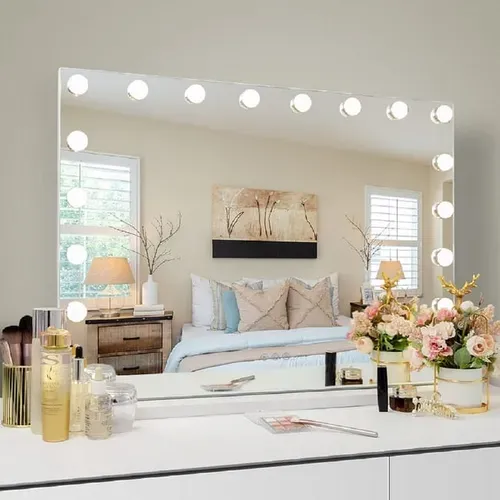 Miroir De Maquillage Hollywood Avec Lumières, à Poser Au Sol Ou à Fixer Au Mur, 80x58 Cm