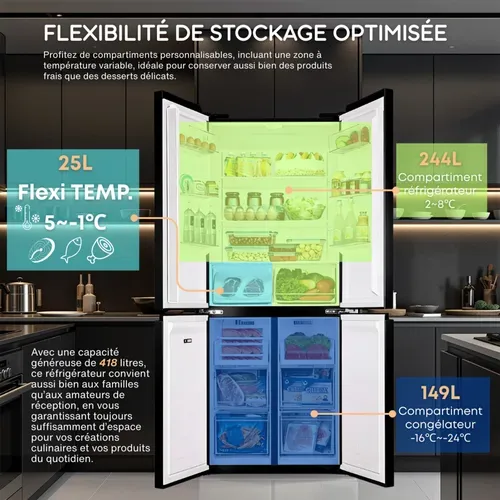 Réfrigérateur Congélateur Multi-portes Lscd430black 418 Litres - Verre Noir