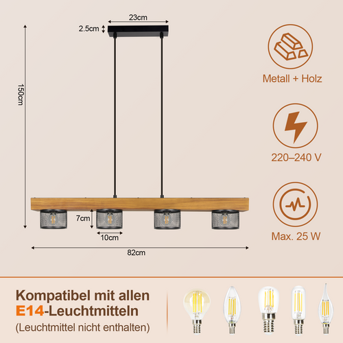 Suspension 4 Lumières Suspension Noire Bois Luminaire Suspendu Pour Salle à Manger（sans Ampoule）