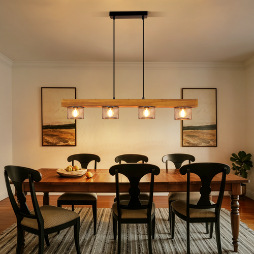 Suspension 4 Lumières Suspension Noire Bois Luminaire Suspendu Pour Salle à Manger（sans Ampoule）