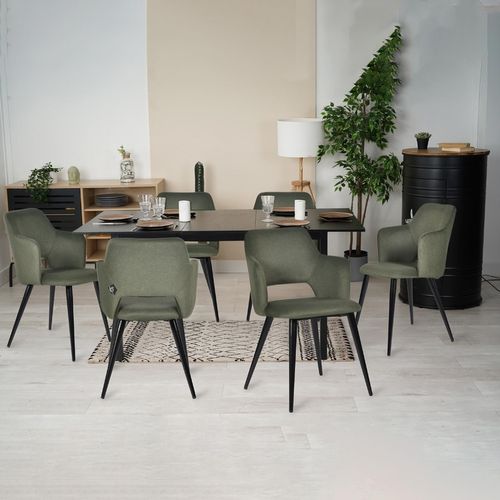 Table Salle à Manger Extensible Avec 6 Chaises Design Ensemble De 7 Meubles, Noir + Vert