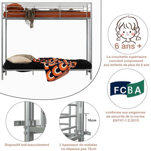 Lit Mezzanine 90x200cm En Métal Avec LED - Avec Bureau Abattant Et Sommier à Lattes - Blanc