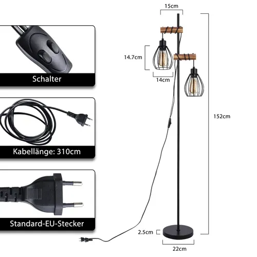 Lampadaire Salon 152cm 2 Lumières Lampadaire Noir Lampadaire Vintage E27 Pour chambre