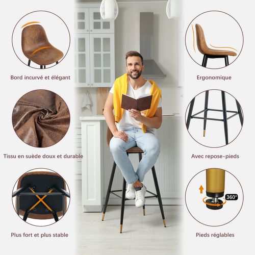 Lot De 6 Tabouret De Bar Vintage Avec Dossier Et Repose-pieds, Siège Rembourrés De 77 Cm De Haut