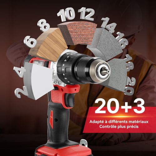 Perceuse-visseuse 20 V, Couple Maximal 45 Nm, Fournie Avec Deux Batteries 2,0 Ah, 20+3 Réglages