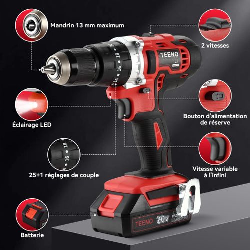 Perceuse-visseuse 20 V, Couple Maximal 45 Nm, Fournie Avec Deux Batteries 2,0 Ah, 20+3 Réglages