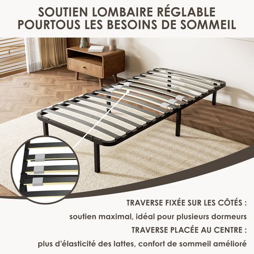 Sommier Cadre à Lattes 90x190 Cm, 14 lattes,  Inclus 6 pieds