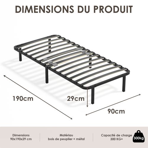 Sommier Cadre à Lattes 90x190 Cm, 14 lattes,  Inclus 6 pieds