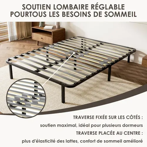 Sommier Cadre à Lattes 140x190 Cm, 2x14 lattes,  Inclus 7 pieds