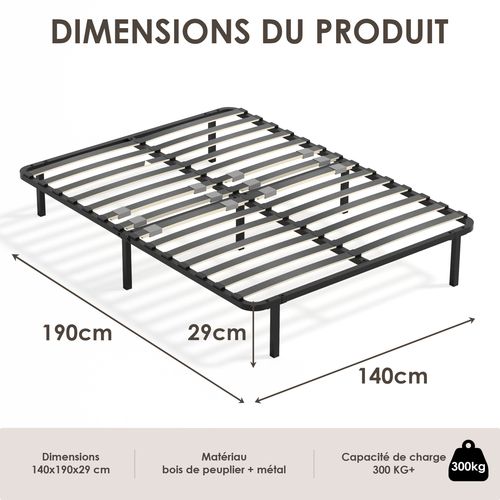 Sommier Cadre à Lattes 140x190 Cm, 2x14 lattes,  Inclus 7 pieds