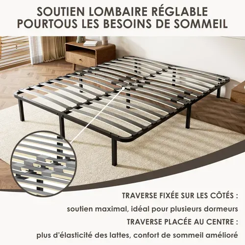 Sommier Cadre à Lattes 160x200 Cm, 2x14 lattes,  Inclus 9 pieds