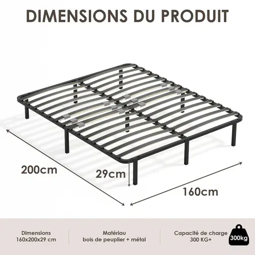 Sommier Cadre à Lattes 160x200 Cm, 2x14 lattes,  Inclus 9 pieds