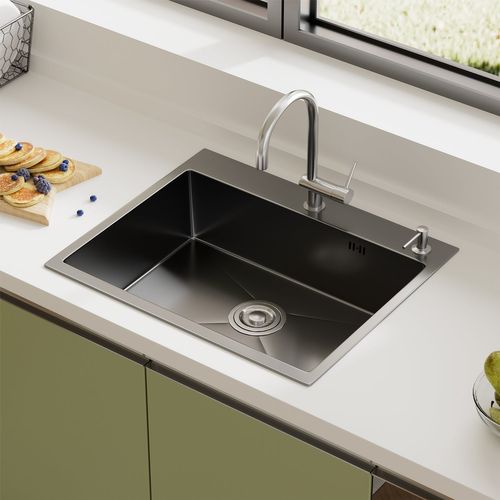 évier Inox 1 Bac 50x45x22 Cm Gris Métallisé - Pour Petite Cuisine et Camping-car - Prépercé Avec