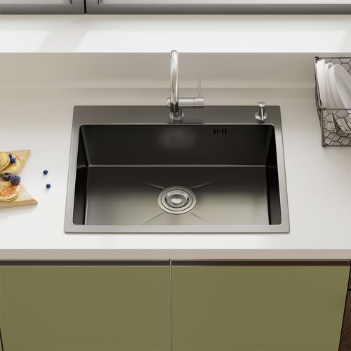 évier Inox 1 Bac 50x45x22 Cm Gris Métallisé - Pour Petite Cuisine et Camping-car - Prépercé Avec