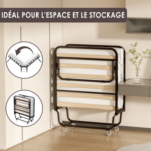 Lit Pliant 90x190 Cm Avec Matelas De 10cm, Lit Pliable 1 Personne Adulte, 4 Roulettes, 2 Min