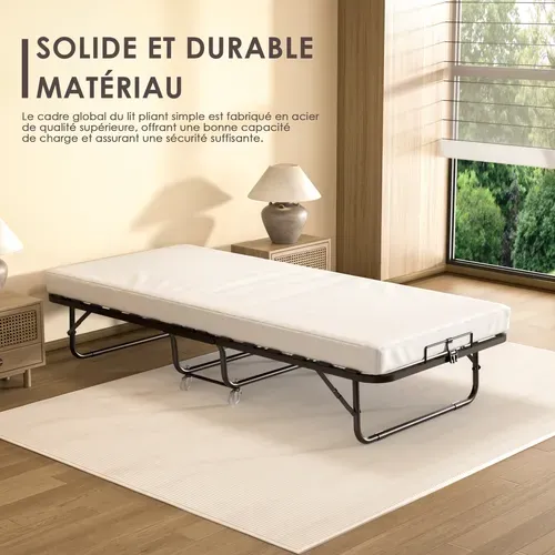Lit Pliant 90x190 Cm Avec Matelas De 10cm, Lit Pliable 1 Personne Adulte, 4 Roulettes, 2 Min