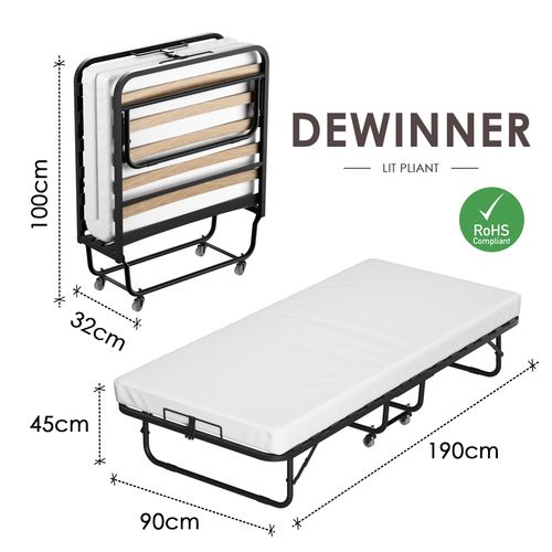 Lit Pliant 90x190 Cm Avec Matelas De 10cm, Lit Pliable 1 Personne Adulte, 4 Roulettes, 2 Min