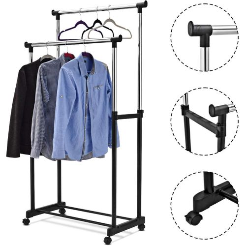 Portant Penderie à Vêtement 2 Barres à Roulettes En Acier Avec Etagère Chaussures  86x43x168cm