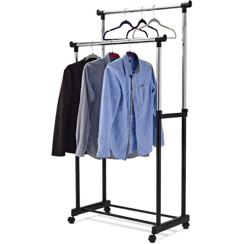 Portant Penderie à Vêtement 2 Barres à Roulettes En Acier Avec Etagère Chaussures  86x43x168cm