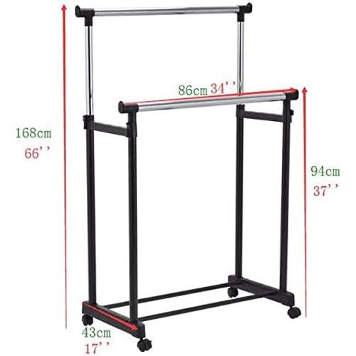 Portant Penderie à Vêtement 2 Barres à Roulettes En Acier Avec Etagère Chaussures  86x43x168cm