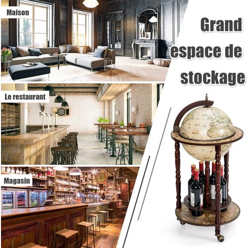 Bar Globe Terrestre Mappemonde En Bois D'eucalyptus Pour Vin, 44,3x44,3x88cm