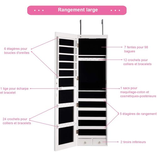 Armoire À Bijoux Mural Armoire Bijoux De Rangement Avec Miroir Et Lumière LED 120 X 36 X 10 Cm