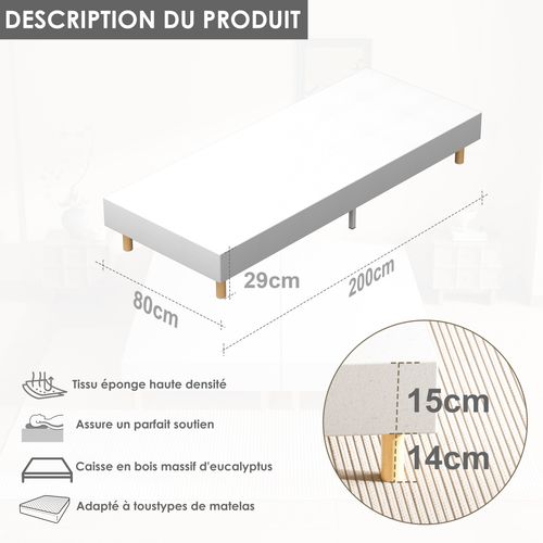 Sommier Tapissier à Lattes 80x200cm en kit Blanc, 6 Pieds