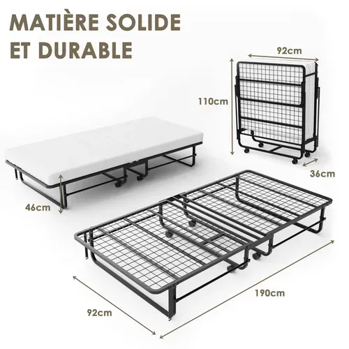 Lit Pliant 1 Personne 90x190 Cm Avc Matelas En Mousse De 10cm, Charge 300 Kg