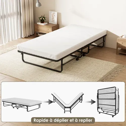 Lit Pliant 1 Personne 90x190 Cm Avc Matelas En Mousse De 10cm, Charge 300 Kg