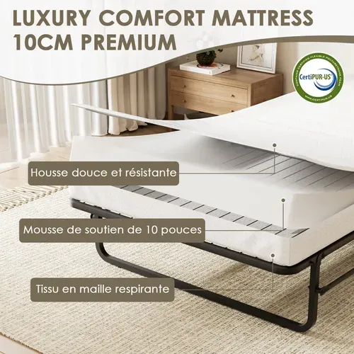Lit Pliant 1 Personne 90x190 Cm Avc Matelas En Mousse De 10cm, Charge 300 Kg