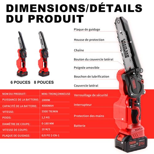 Mini Tronçonneuse Électrique 2-en-1 1000W avec 6 Chaînes et 2 Batteries 4000mAh