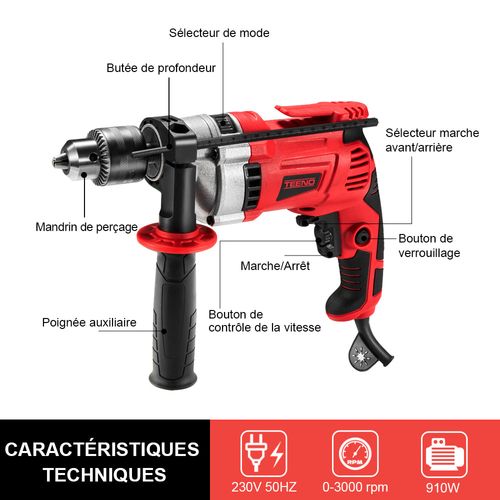Perceuse électrique à Percussion 910w, Perceuse à Percussion électrique 0-3000 Rpm, Mandrin 13mm