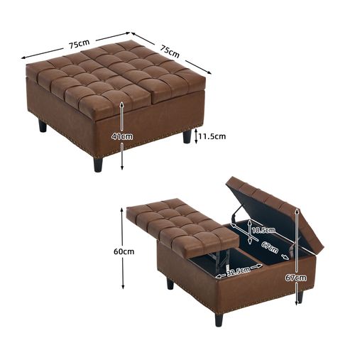 Repose-pieds Pouf Pliable Coffre Rangement Carré 75x75x41cm Pu Cuir Meuble Entrée Chaussures Marron
