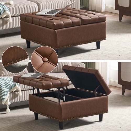Repose-pieds Pouf Pliable Coffre Rangement Carré 75x75x41cm Pu Cuir Meuble Entrée Chaussures Marron