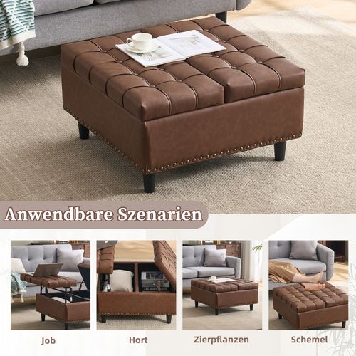 Repose-pieds Pouf Pliable Coffre Rangement Carré 75x75x41cm Pu Cuir Meuble Entrée Chaussures Marron