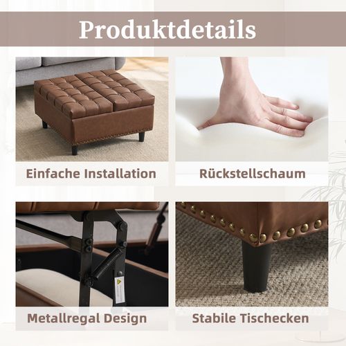 Repose-pieds Pouf Pliable Coffre Rangement Carré 75x75x41cm Pu Cuir Meuble Entrée Chaussures Marron