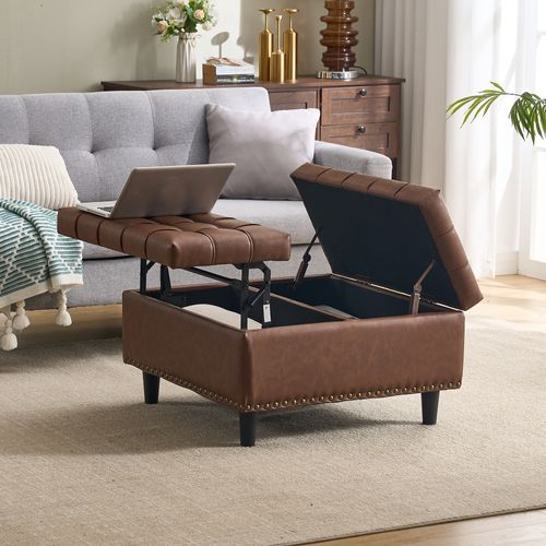 Repose-pieds Pouf Pliable Coffre Rangement Carré 75x75x41cm Pu Cuir Meuble Entrée Chaussures Marron