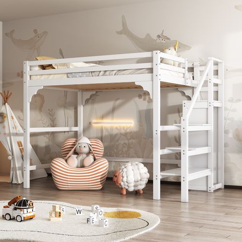 Lit Mezzanine Cabane 140x200 Cm Avec Toboggan Et échelle - Structure En Bois Blanc - Pour Enfants - Sans Matelas