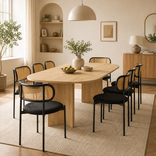 Ensemble Repas 9 Pièces Avec Table Extensible 140-180 Cm Et 8 Chaises En Rotin, Bois Clair