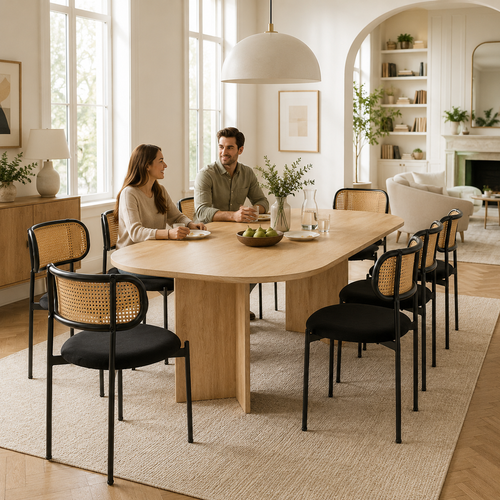 Ensemble Repas 9 Pièces Avec Table Extensible 140-180 Cm Et 8 Chaises En Rotin, Bois Clair